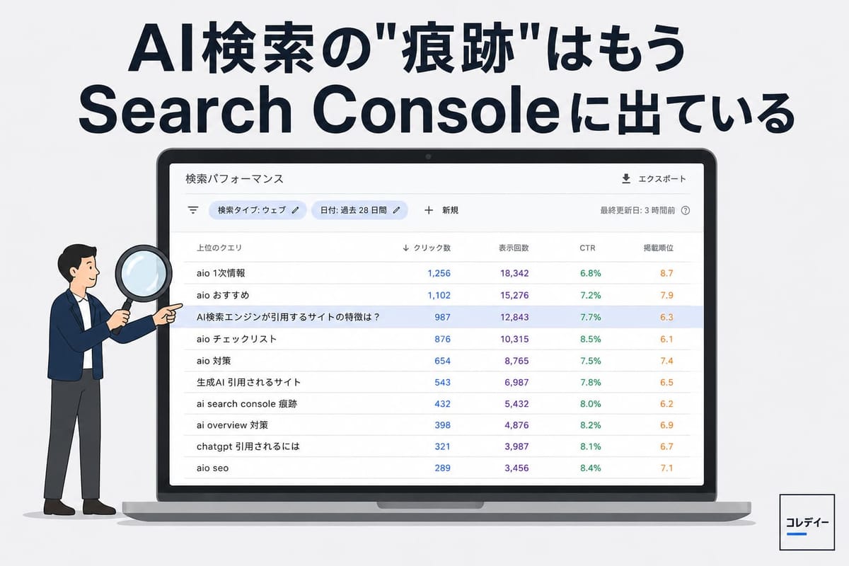 「AI検索の"痕跡"はもうSearch Consoleに出ている」。検索パフォーマンスの上位クエリに「aio 1次情報」「AI検索エンジンが引用するサイトの特徴は？」などが並ぶ画面